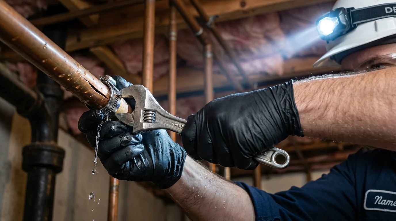 Emergency pipe clamp repair being performed by a Johns Plumbing LLC plumber in North East