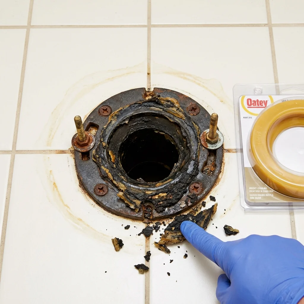 Failed wax ring showing water seepage at the base of a toilet in a North East, MD home