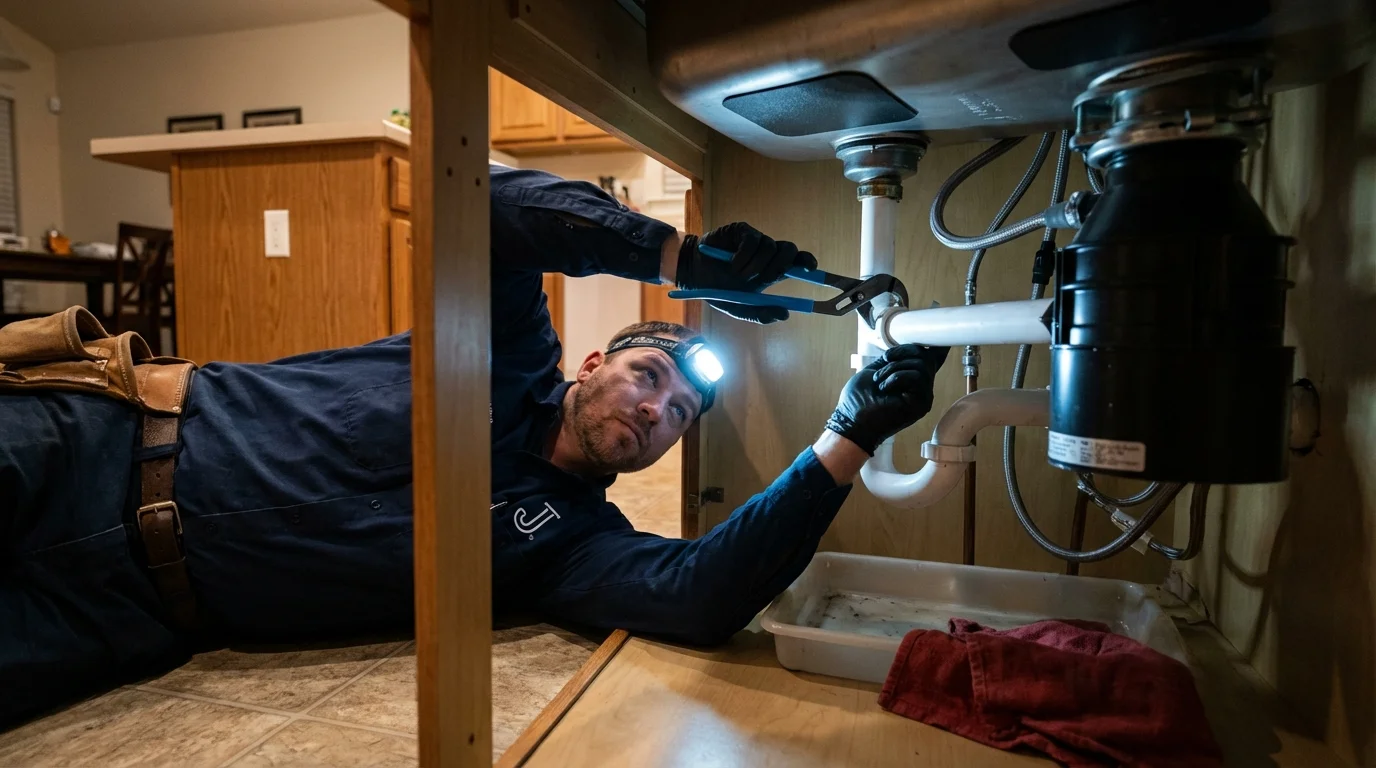 P-trap and supply line connections under a kitchen sink showing a common leak point in North East, MD